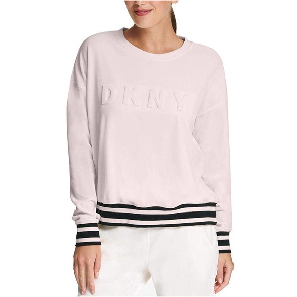 DKNY Sport Pink Velour Spell Out Pullover Sweater - Picture 1 of 10
